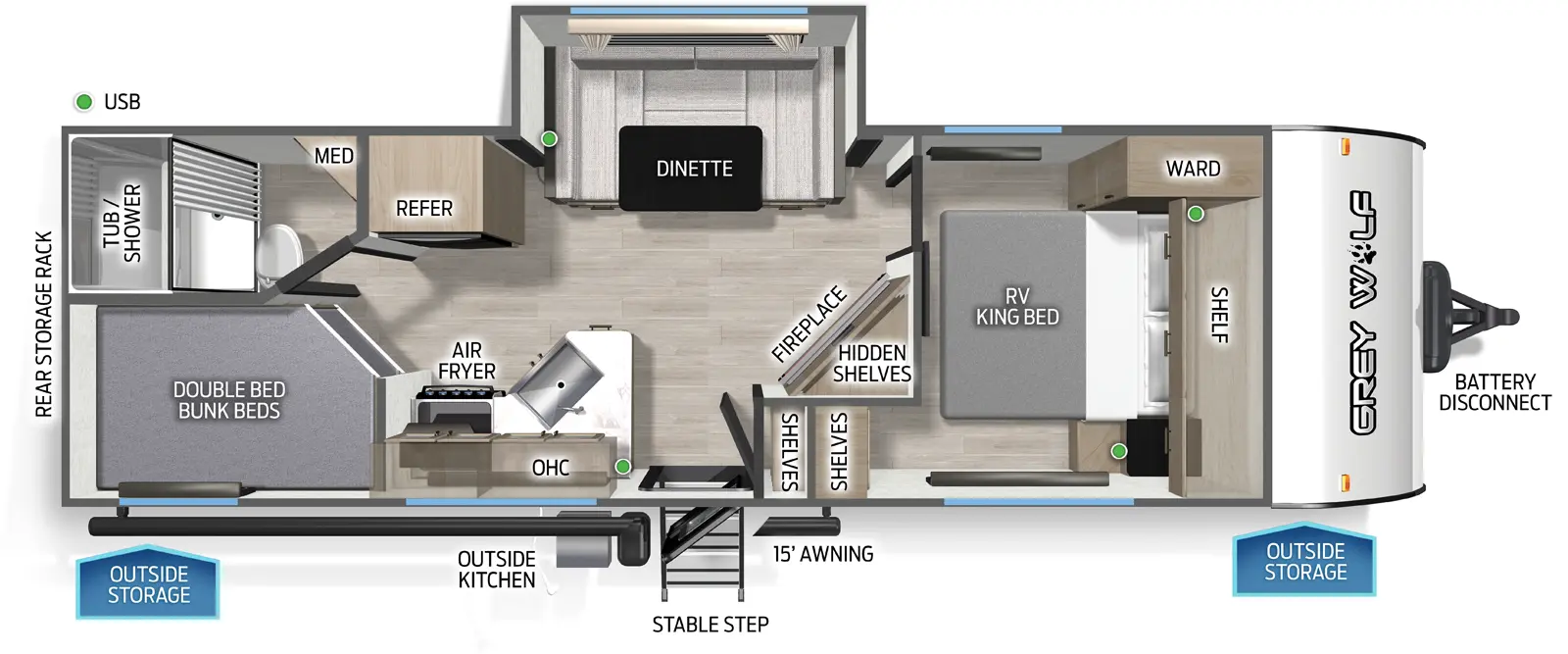 The Grey Wolf 23MS floorplan has one entry and one slide out. Exterior features include: metal exterior, 15' awning and outside kitchen. Interiors features include: bunk beds, u-dinette and front bedroom.